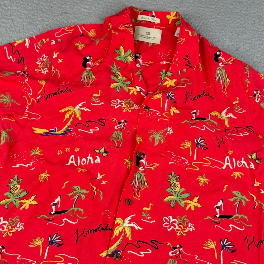 Scotch & Soda Shirt Mens Medium Red Palm Tree Pineapple Hula Girl Honolulu Camp